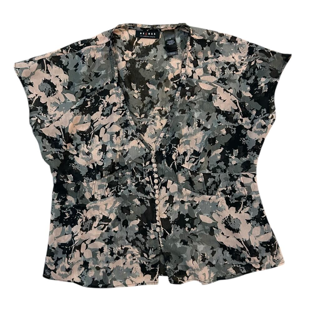 Y2K Sheer V Neck Floral Fairy Button Front Top Womens 14 (Medium) Black Pink